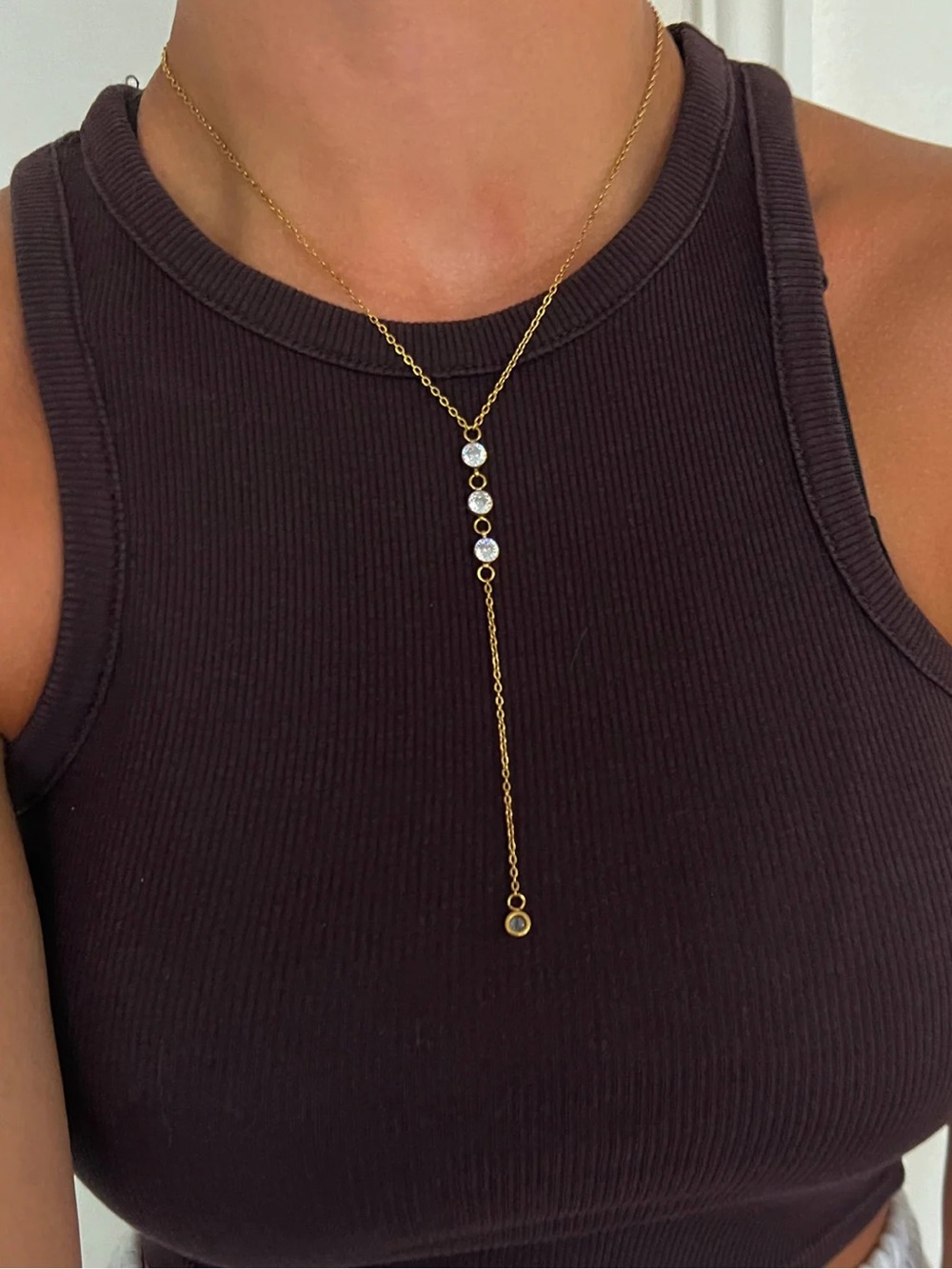 Gold Drop Lariat Necklace with Clear Crystals - Non Tarnish